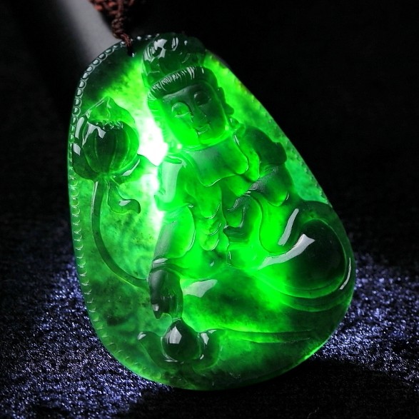 冰糯种翡翠墨翠观音吊坠 透光满绿15.64克