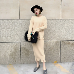针织两件套冬季韩版女长裙不规则套头显瘦打底单穿百搭毛衣两件套