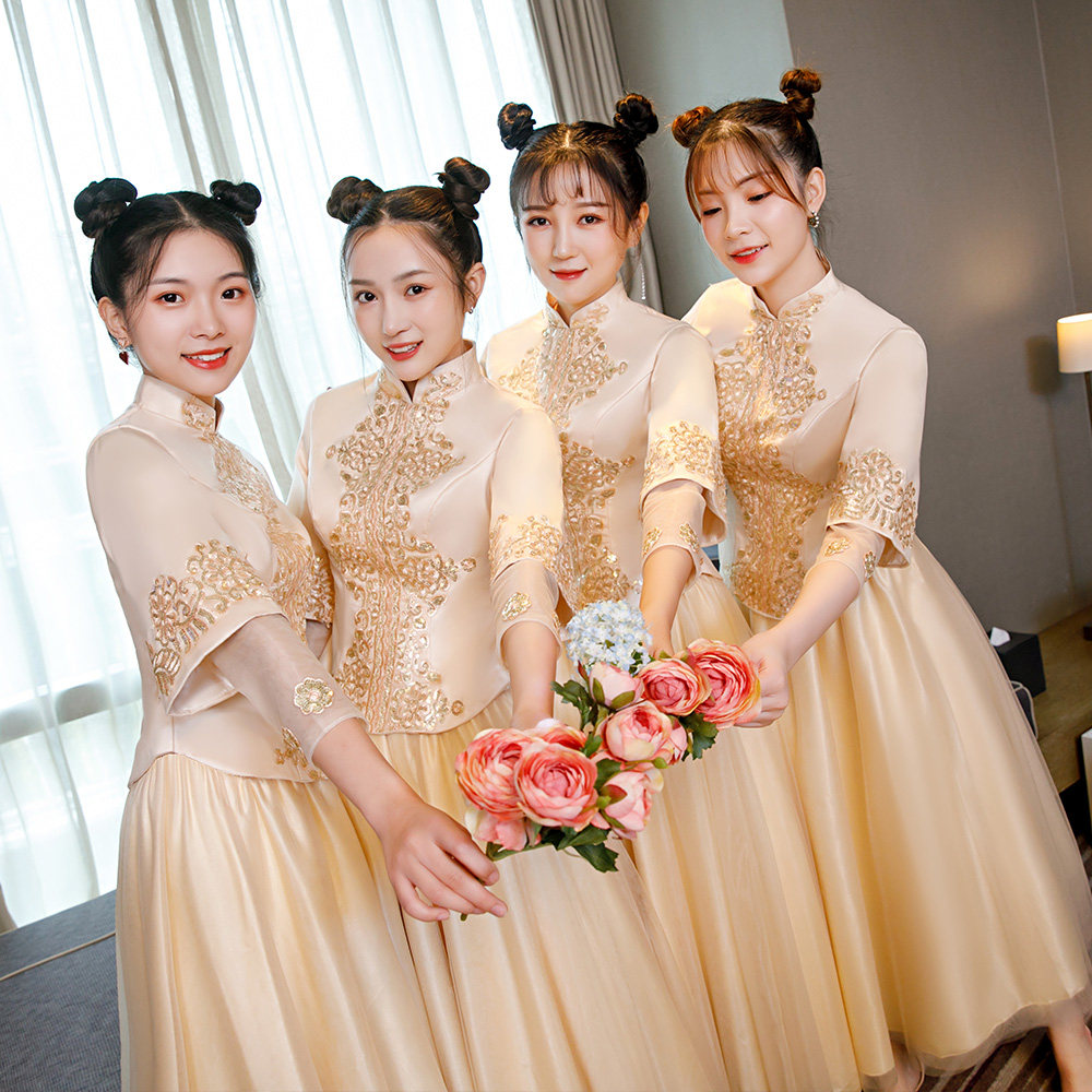 伴娘服姐妹裙2022春夏新款长袖大码中式秀禾中国风唐装金色礼服女