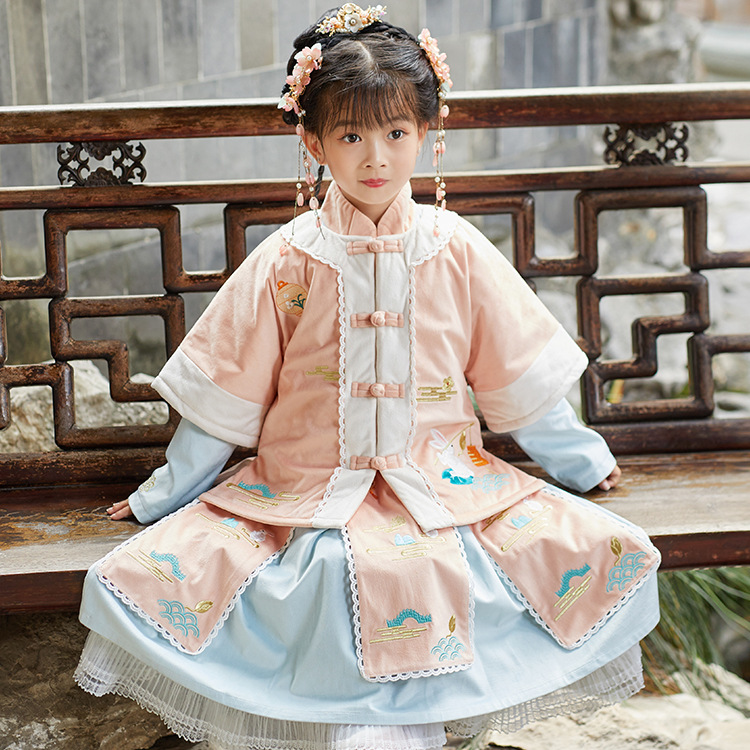 茗楠之家678女童汉服冬款古装小女孩古风加绒加厚拜年服套装裙