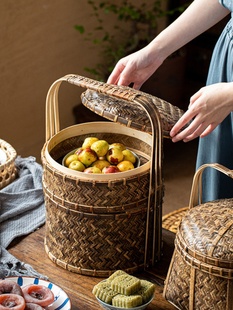 竹编食盒中式仿古手提篮家用圆形带盖编织竹篮大号户外双层野餐篮