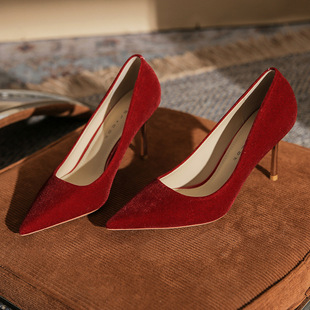 红色高跟鞋女细跟新款尖头浅口丝绒两穿汉服婚鞋不累脚高级感法式