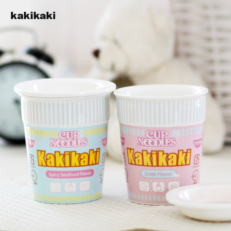 kakikaki双层隔热杯子陶瓷创意日式公仔面早餐杯可爱水杯带盖包邮