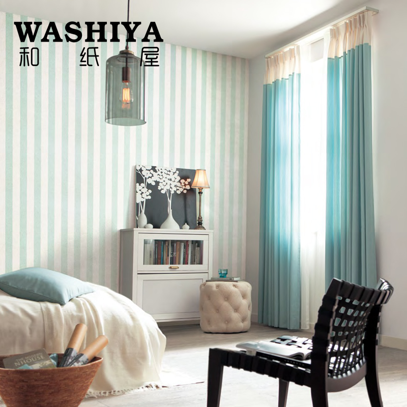 【和纸屋】优雅欧式绿色竖条纹 客厅卧室 日本进口壁纸按米零卖
