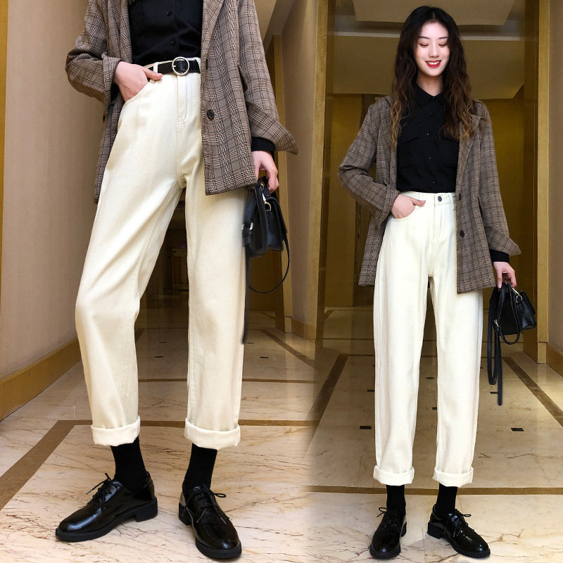 阔腿裤牛仔女高腰长裤秋冬新款_韩国chic 米白色秋冬显瘦高腰直筒裤