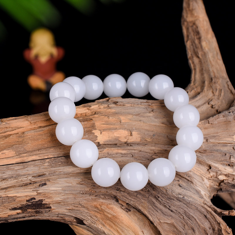 新疆和田玉手串羊脂白玉手串籽料圆珠子14mm手链单圈白玉手链挂件