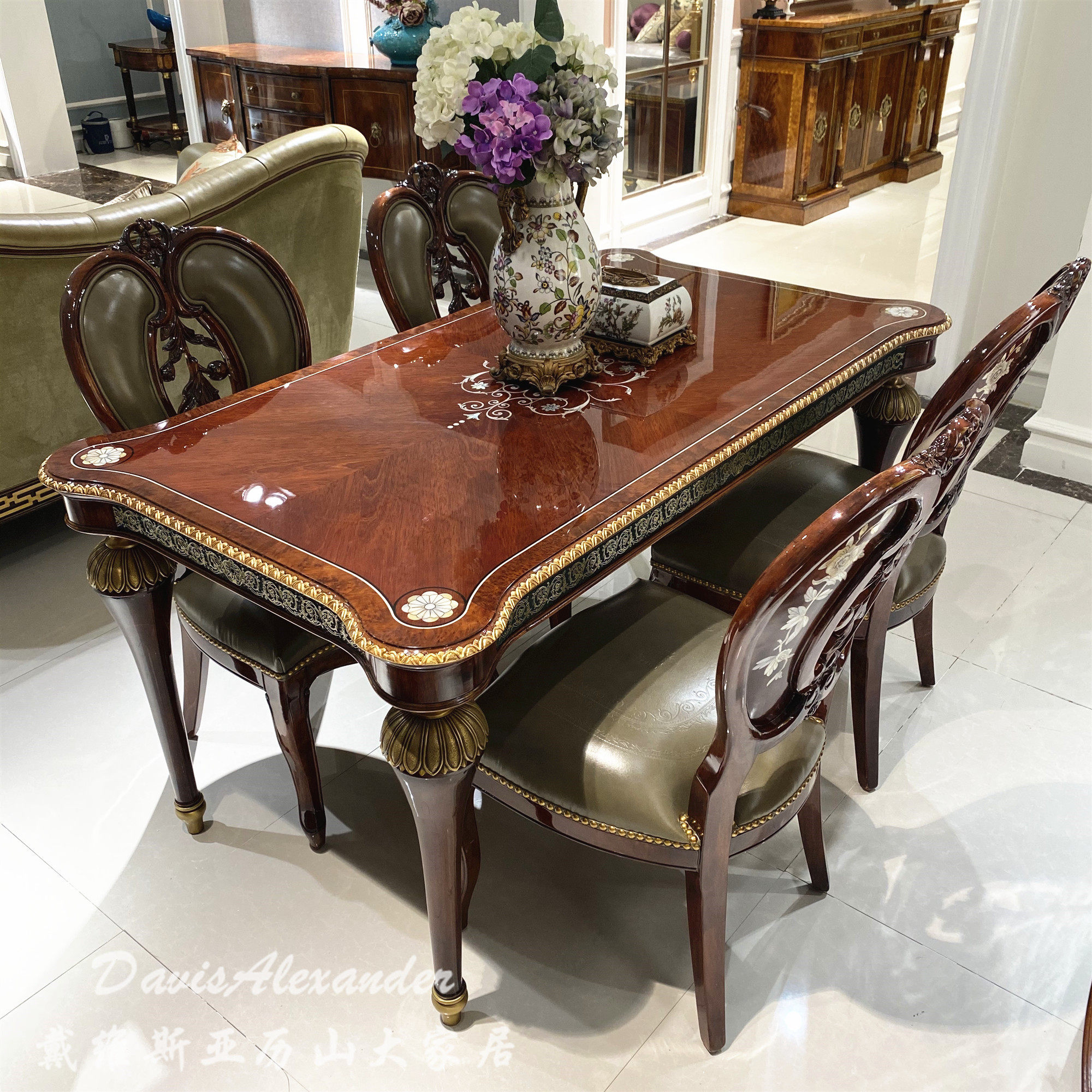 亚历山大英式别墅餐桌桃花心木带转盘圆形贝壳镶嵌8人位15米餐台