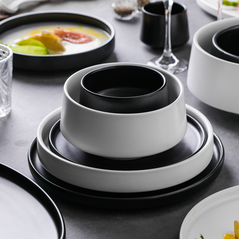 轻奢家用陶瓷碗碟套装现代风黑白西餐盘点心盘沙拉碗圆形汤碗面碗