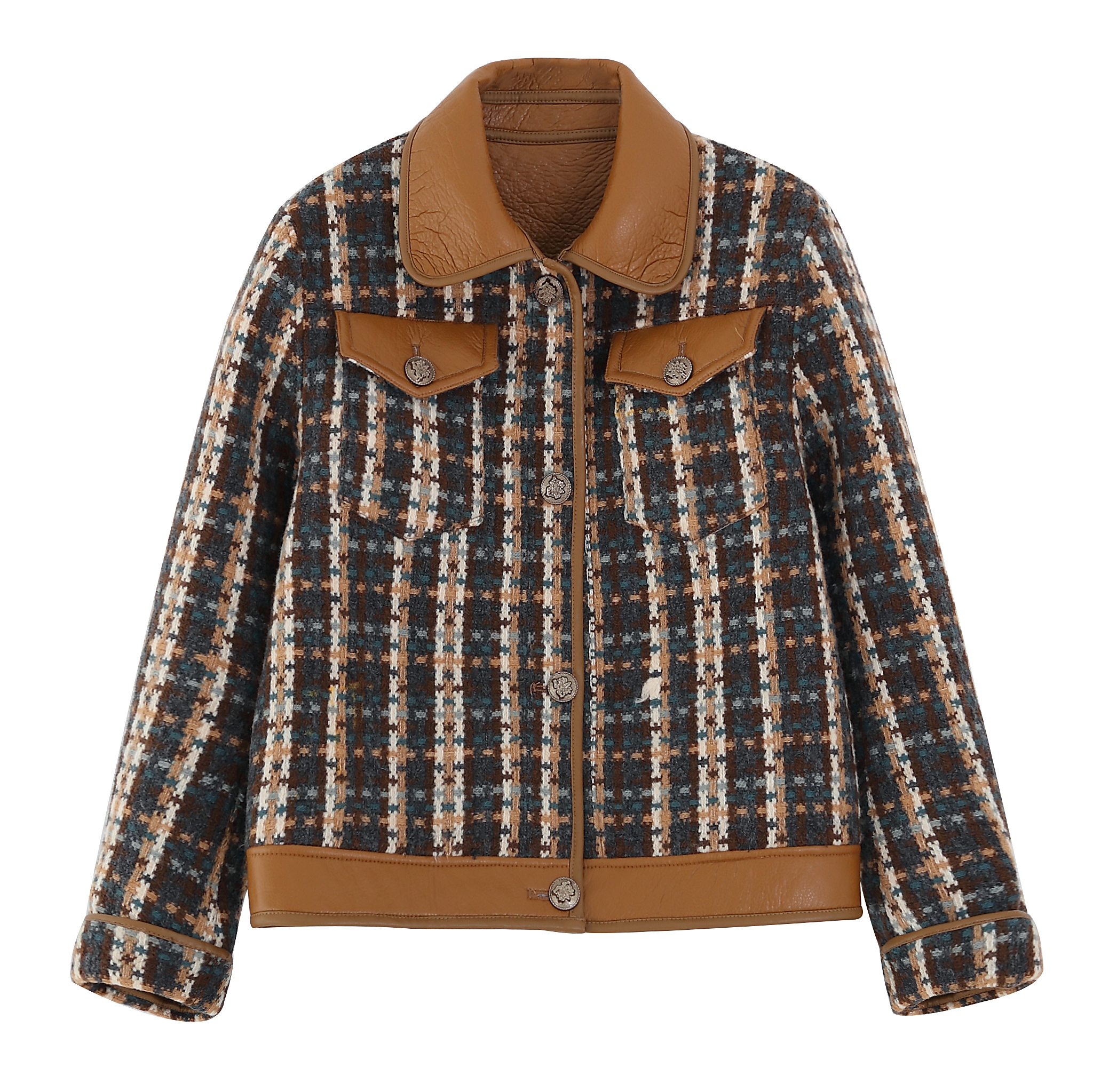 wangxo 高质感粗花呢 一衣两穿短款时尚拼接皮衣修身小外套女秋冬