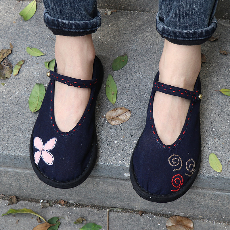 原创纯手工千层底布鞋女士系带圆头棉麻一字扣浅口复古手工绣花鞋