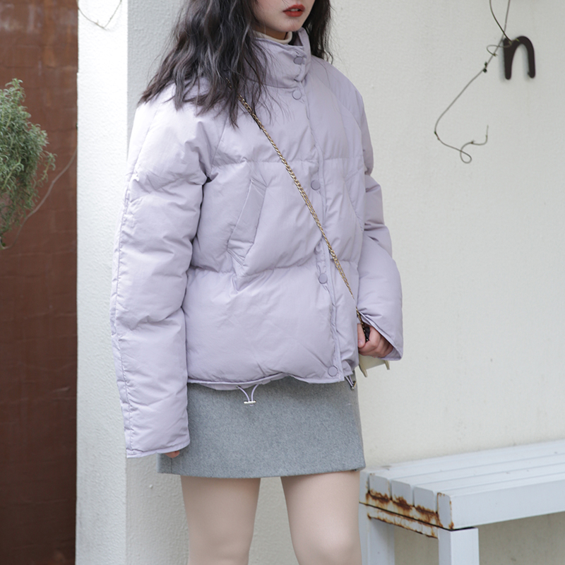 简约立领短款棉衣棉袄外套女2023冬季新款浅紫色小个子面包服棉服