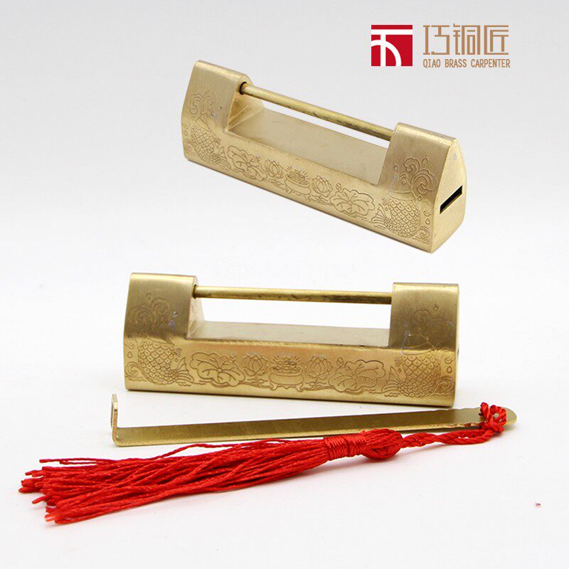 黄铜横挂锁中式仿古老式横开复古全铜双鱼戏莲木箱子柜门古代锁