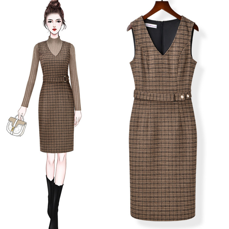 2021毛呢坎肩裙马甲裙打底无袖连衣裙包臀裙格子v领背心裙女秋冬