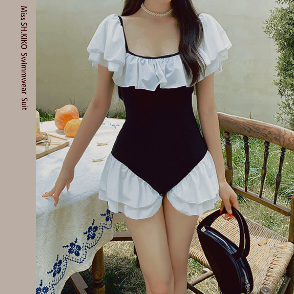 泰国小众设计师裙式连体显瘦泳衣女温泉度假遮肉肉蓬蓬裙泳装