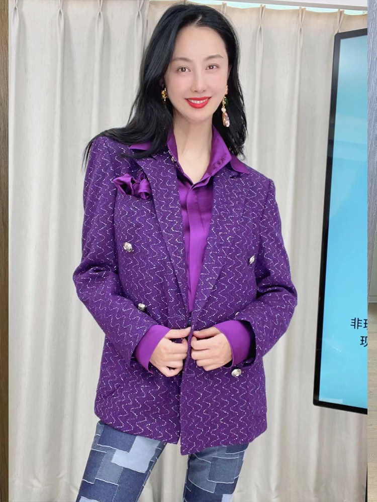 tracychu紫色花呢经典西装外套短外套