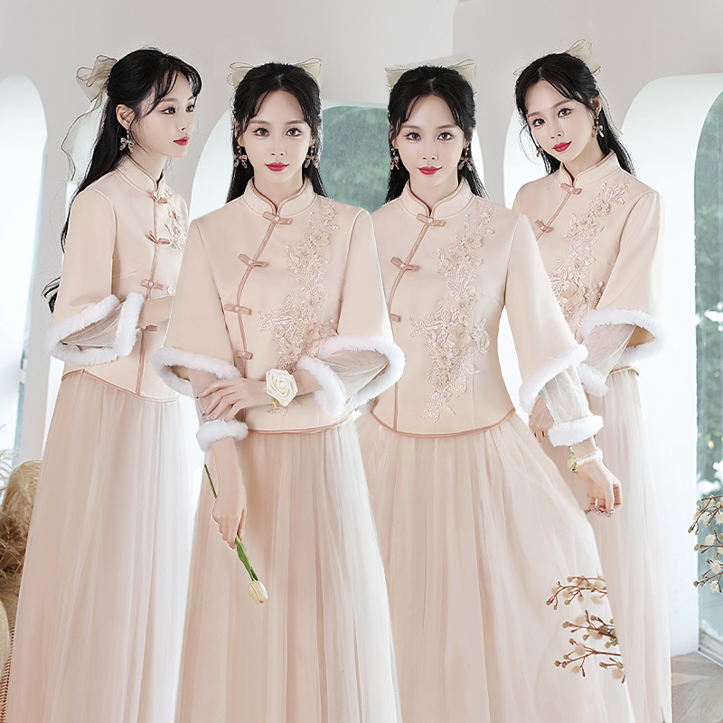加绒加厚中式伴娘服2023新款旗袍姐妹团显瘦香槟色礼服中国风复古