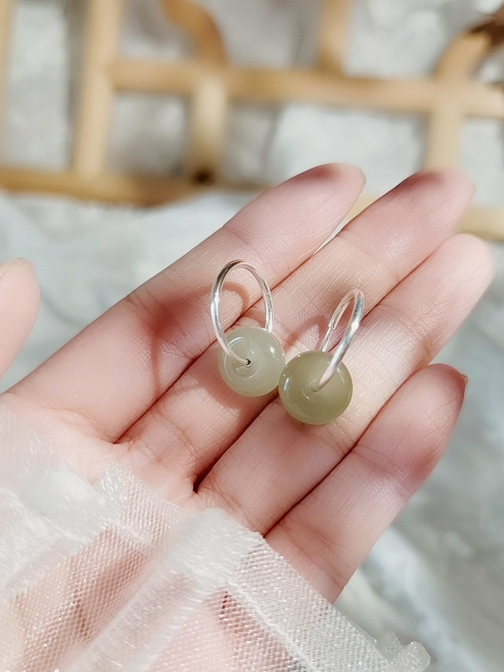 玉质耳环女和田玉耳坠平安扣耳扣999纯银耳圈圈复古圆脸显瘦耳饰