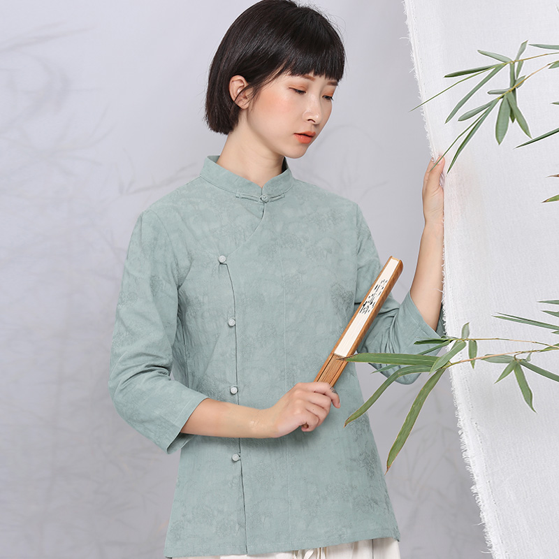 服女套装旗袍式茶艺师盘扣中国风偏襟上衣棉麻茶人服春秋年轻款优惠券