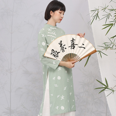 捡漏素茶女装刺绣国风奥黛旗袍年轻棉麻复古原创茶服上衣