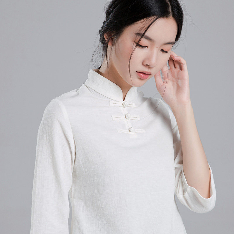 春秋棉麻文艺复古风改良短款旗袍上衣中袖唐装女日常茶人服女禅意