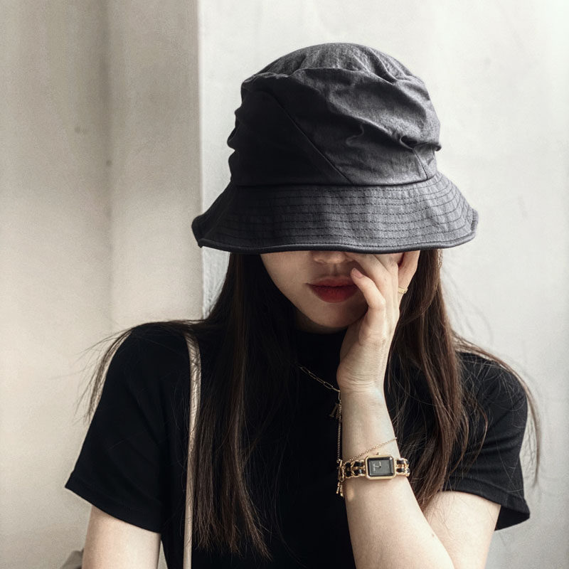 显气质修饰颅顶山本耀司黑色褶皱渔夫帽遮阳防晒百搭盆帽女帽子