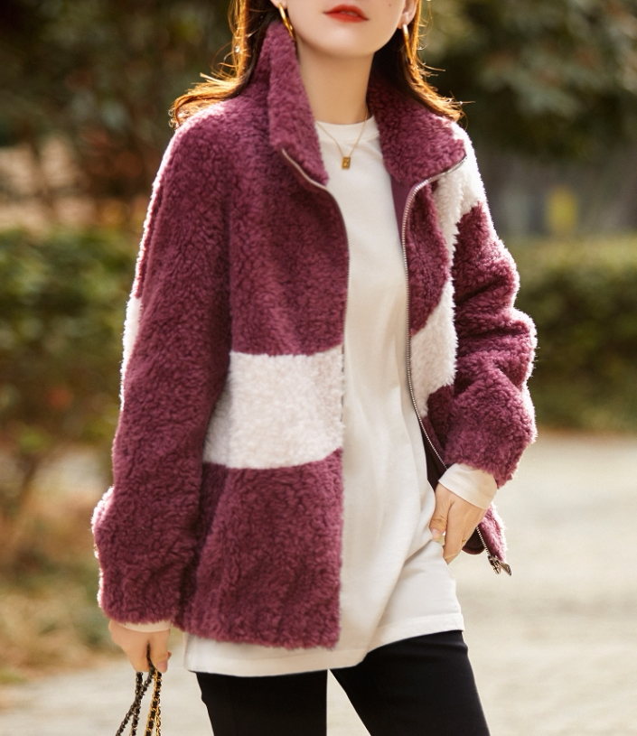 正品哥弟新款女装2021秋冬拉链撞色立领颗粒绒羊羔毛宽松外套女