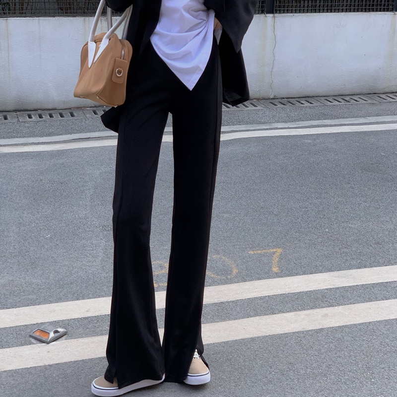 大码胖mm黑色开叉裤子女春款高腰显瘦韩版百搭直筒宽松垂感阔腿裤