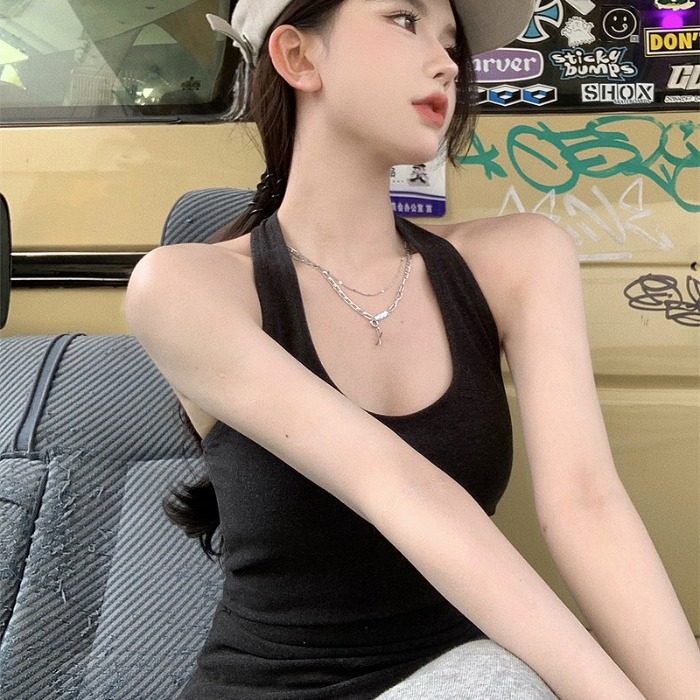 大码胖mm挂脖吊带背心女夏外穿显瘦遮肚微胖欧美法式甜辣炸街上衣