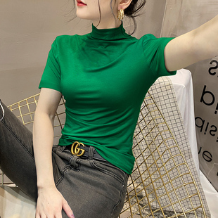 半高领针织短袖打底衫女夏季冰丝T恤气质修身半袖薄款绿色上衣潮