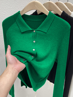 2024秋季新品polo领针织衫女绿色长袖开衫薄款打底衫修身减龄上衣