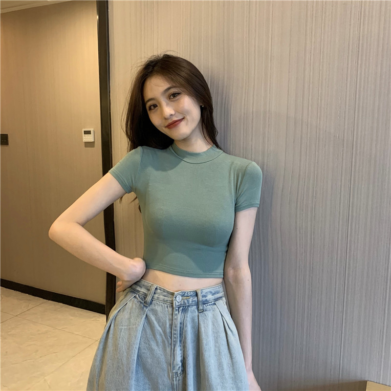 实拍实价 基础款紧身弹力t恤显瘦短袖半高领T短款百搭打底半袖