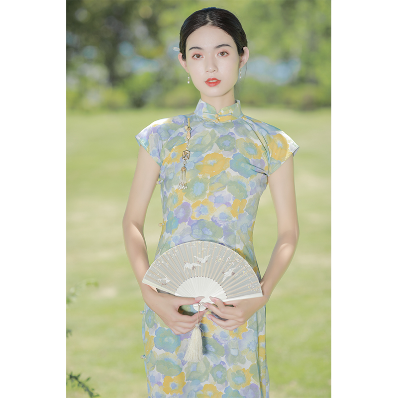 熏风迟年夏季短袖女装复古油画印花少女年轻长款全开襟旗袍