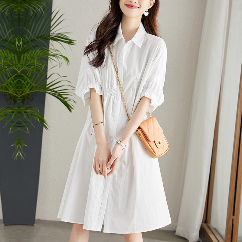夏季白色小个子连衣裙气质宽松收腰显瘦温柔风中长款灯笼袖衬衫裙