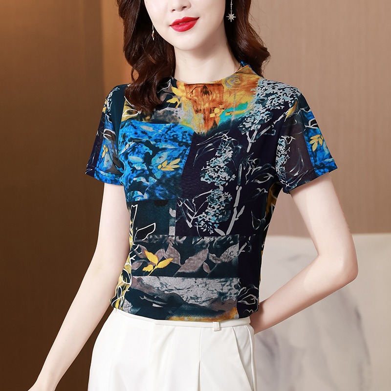 声雨竹女装清仓折扣2022年夏装新款专柜正品短袖网纱t恤衬衫上衣j