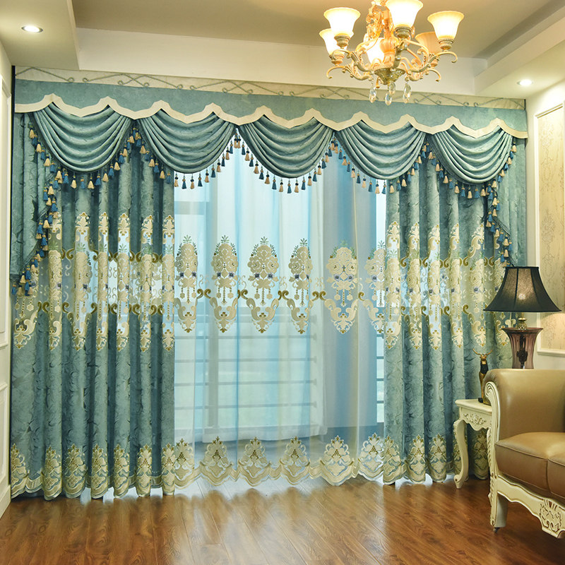 高档大气雪尼尔欧式镂空绣花窗帘布纱帘成品客厅阳台半遮光落地窗