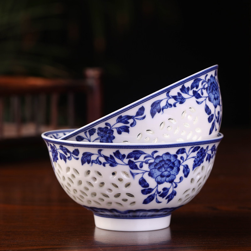景德镇青花瓷碗套装陶瓷家用10个吃饭碗釉下彩创意中式仿古玲珑碗