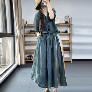 布依2023夏季韩版时尚个性打结洋气衬衫拼色大摆半身裙麻料套装女