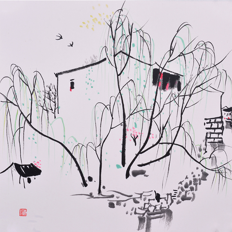 纯手绘江南水乡风景画飞燕图字画装饰水墨国画客厅餐厅玄关挂画