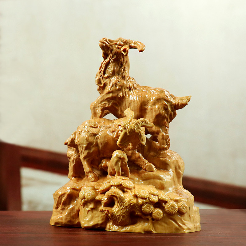 黄杨木雕刻生肖羊摆件三羊三阳开泰动物实木工艺品家居风水送礼品