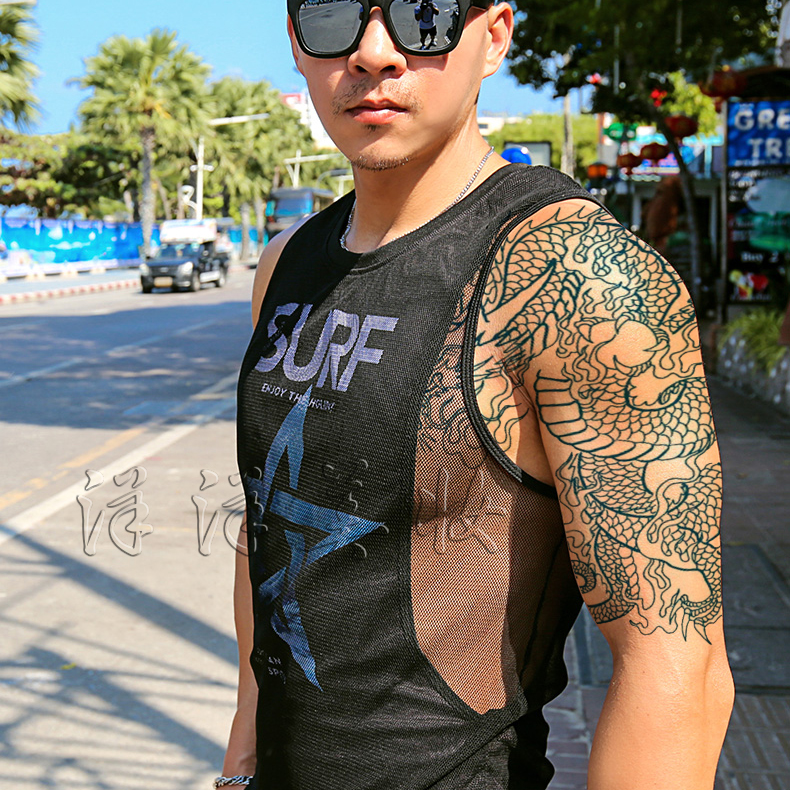 一折纹身贴男刺青披肩龙_纹身贴男防水持久披肩大龙头半甲过肩龙胸部