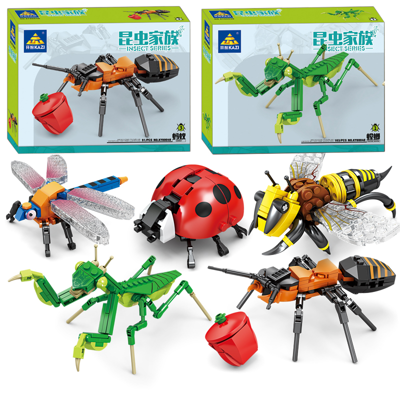 拼装益智力小颗粒积木昆虫家族组装螳螂蜻蜓模型男孩玩具儿童礼物