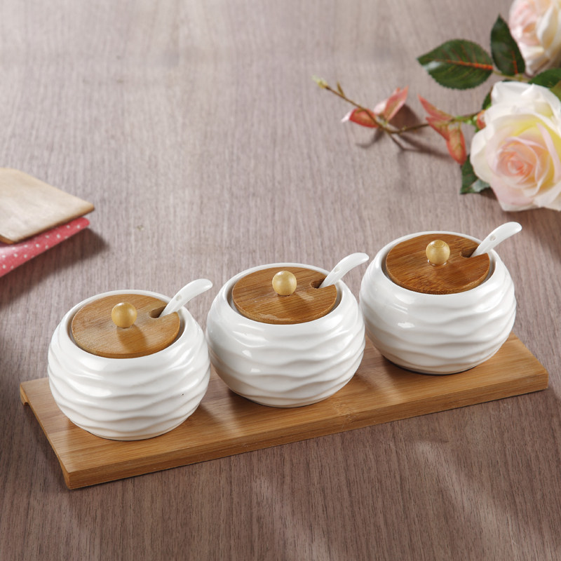 皓远陶瓷调味罐 欧式简约厨具油壶 骨瓷调味瓶盐罐味精瓶水纹球型