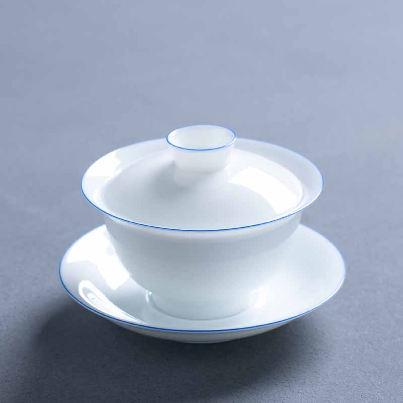 永乐甜白蓝边盖碗家用薄胎大号中式陶瓷三才盖碗单个茶碗功夫茶具