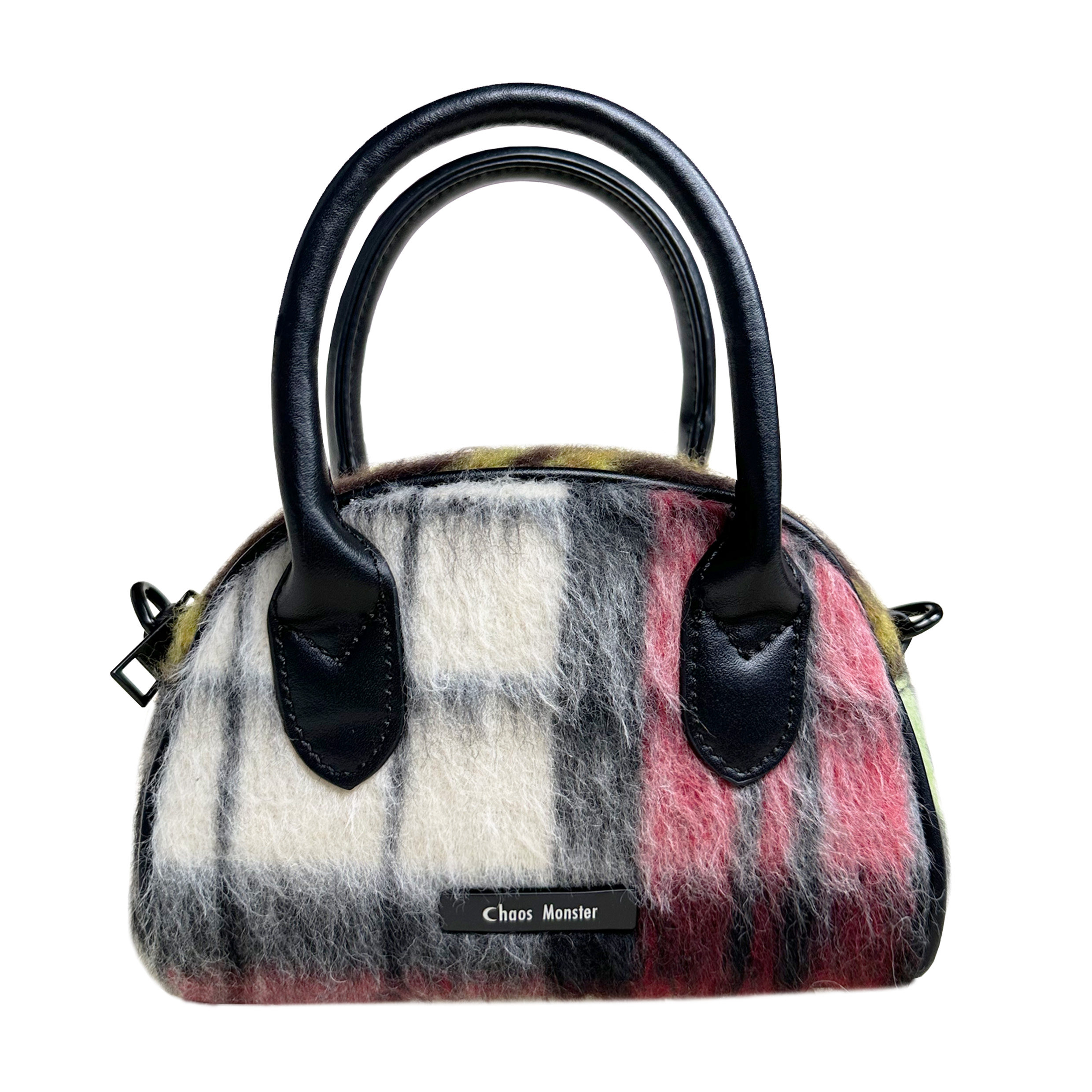 chaos monster千禧复古风包包 格纹呢料mini波士顿包冬天斜挎小包