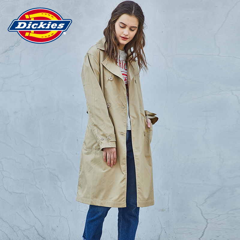 Dickies新款薄外套 女士双排扣系带中长款风衣181W10WD09