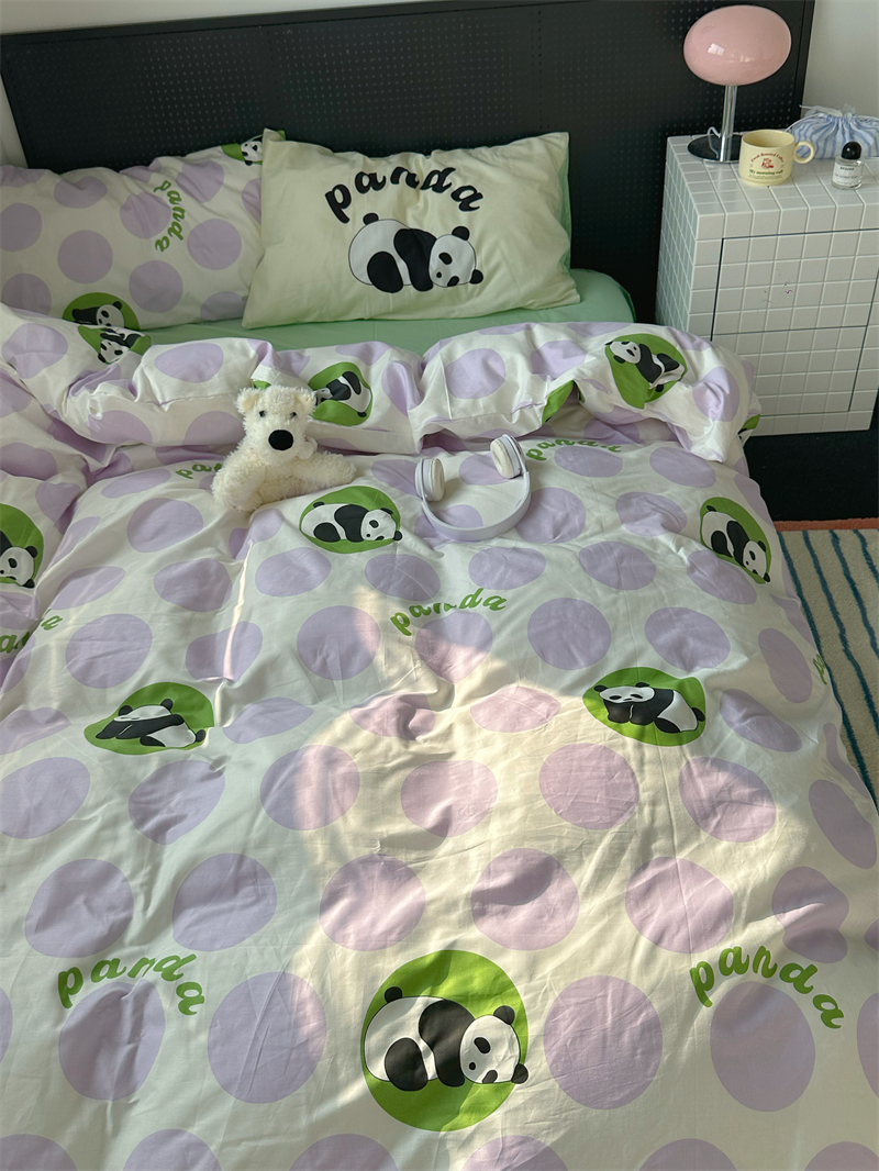 梨梦 慵懒熊猫 ins可爱40支纯棉四件套全棉床单被套宿舍床上用品
