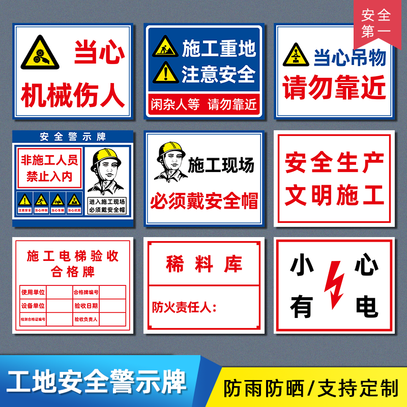 建筑工地工程安全警示标识牌注意必须戴安全帽文明施工现场告知牌