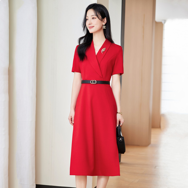 短袖红色西装连衣裙女夏职业气质中长裙正式场合工作服主持人正装