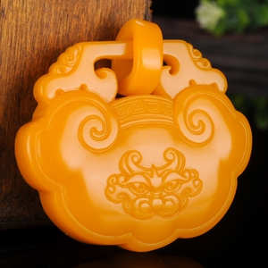 正品新疆和田玉吊坠黄玉如意锁挂件玉石平安长命锁玉坠挂件项链