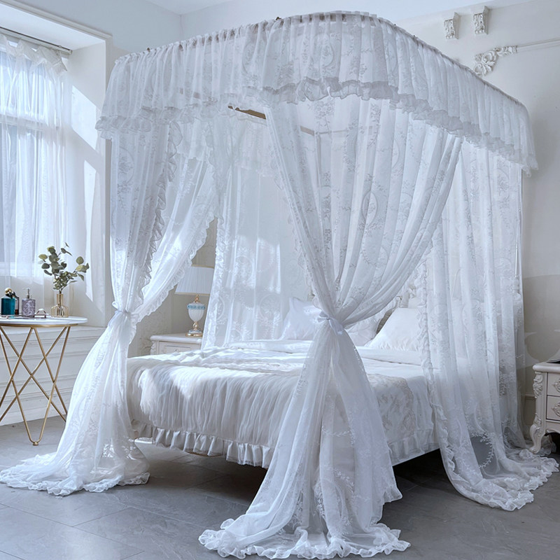 新款u型导轨蚊帐高档宫廷家用三开门白色加厚加密刺绣防蚊不锈钢